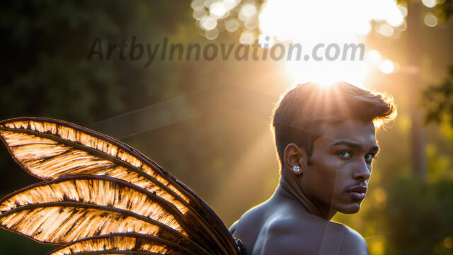Brought to life through AI, Capturing the Pristine and Elusive Male Fairy. Imagine a realm where handsome shirtless men & boys possess enormous, shimmering crystal wings, vibrant and radiant, capturing and reflecting the light of the environment in a mesmerizing way, and adding a touch of mystery to their intense visage. Outdoors in a fantasy mysterious enchanted realm.