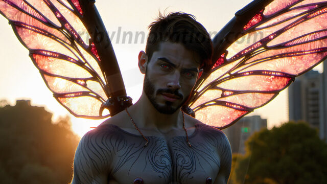 Brought to life through AI, Capturing the Pristine and Elusive Male Fairy. Imagine a realm where handsome shirtless men & boys possess enormous, shimmering crystal wings, vibrant and radiant, capturing and reflecting the light of the environment in a mesmerizing way, and adding a touch of mystery to their intense visage. Outdoors in a fantasy mysterious enchanted realm.