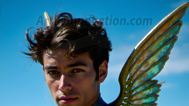 Brought to life through AI, Capturing the Pristine and Elusive Male Fairy. Imagine a realm where handsome shirtless men & boys possess enormous, shimmering crystal wings, vibrant and radiant, capturing and reflecting the light of the environment in a mesmerizing way, and adding a touch of mystery to their intense visage. Outdoors in a fantasy mysterious enchanted realm.