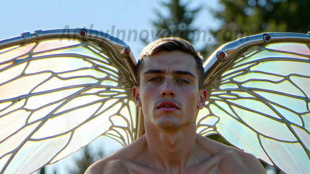 Brought to life through AI, Capturing the Pristine and Elusive Male Fairy. Imagine a realm where handsome shirtless men & boys possess enormous, shimmering crystal wings, vibrant and radiant, capturing and reflecting the light of the environment in a mesmerizing way, and adding a touch of mystery to their intense visage. Outdoors in a fantasy mysterious enchanted realm.