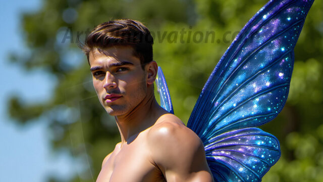 Brought to life through AI, Capturing the Pristine and Elusive Male Fairy. Imagine a realm where handsome shirtless men & boys possess enormous, shimmering crystal wings, vibrant and radiant, capturing and reflecting the light of the environment in a mesmerizing way, and adding a touch of mystery to their intense visage. Outdoors in a fantasy mysterious enchanted realm.