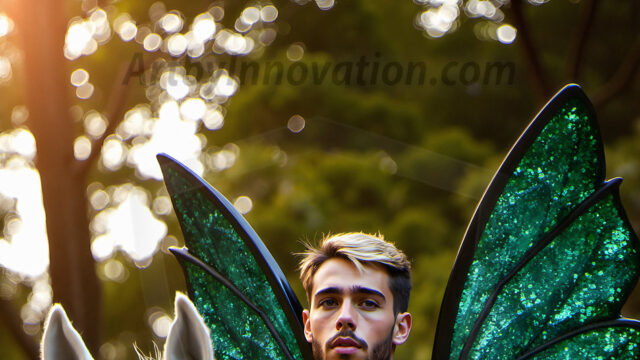 Brought to life through AI, Capturing the Pristine and Elusive Male Fairy. Imagine a realm where handsome shirtless men & boys possess enormous, shimmering crystal wings, vibrant and radiant, capturing and reflecting the light of the environment in a mesmerizing way, and adding a touch of mystery to their intense visage. Outdoors in a fantasy mysterious enchanted realm.