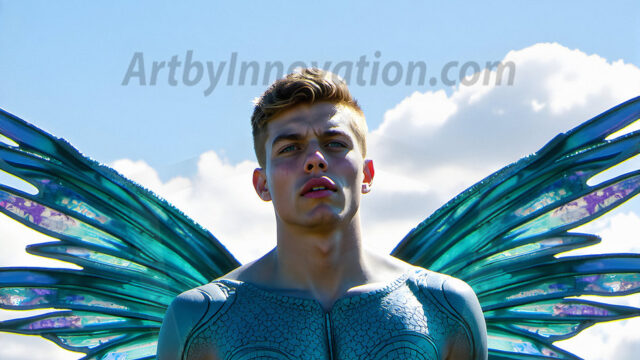 Brought to life through AI, Capturing the Pristine and Elusive Male Fairy. Imagine a realm where handsome shirtless men & boys possess enormous, shimmering crystal wings, vibrant and radiant, capturing and reflecting the light of the environment in a mesmerizing way, and adding a touch of mystery to their intense visage. Outdoors in a fantasy mysterious enchanted realm.