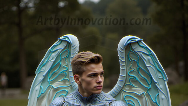 Brought to life through AI, Capturing the Pristine and Elusive Male Fairy. Imagine a realm where handsome shirtless men & boys possess enormous, shimmering crystal wings, vibrant and radiant, capturing and reflecting the light of the environment in a mesmerizing way, and adding a touch of mystery to their intense visage. Outdoors in a fantasy mysterious enchanted realm.