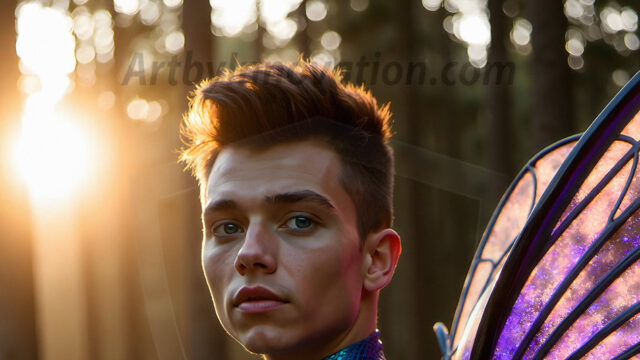 Brought to life through AI, Capturing the Pristine and Elusive Male Fairy. Imagine a realm where handsome shirtless men & boys possess enormous, shimmering crystal wings, vibrant and radiant, capturing and reflecting the light of the environment in a mesmerizing way, and adding a touch of mystery to their intense visage. Outdoors in a fantasy mysterious enchanted realm.