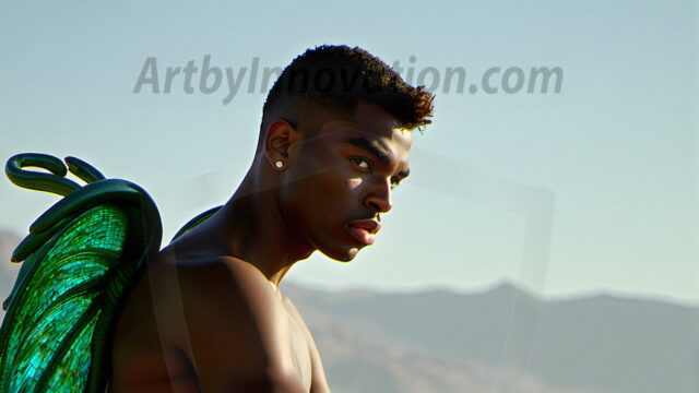 Brought to life through AI, Capturing the Pristine and Elusive Male Fairy. Imagine a realm where handsome shirtless men & boys possess enormous, shimmering crystal wings, vibrant and radiant, capturing and reflecting the light of the environment in a mesmerizing way, and adding a touch of mystery to their intense visage. Outdoors in a fantasy mysterious enchanted realm.