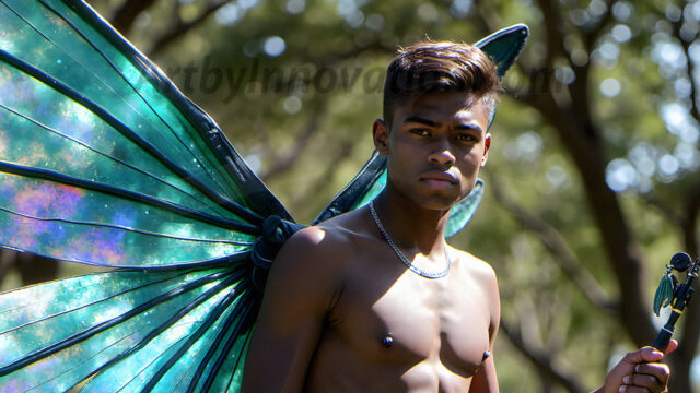 Brought to life through AI, Capturing the Pristine and Elusive Male Fairy. Imagine a realm where handsome shirtless men & boys possess enormous, shimmering crystal wings, vibrant and radiant, capturing and reflecting the light of the environment in a mesmerizing way, and adding a touch of mystery to their intense visage. Outdoors in a fantasy mysterious enchanted realm.
