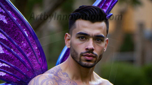 Brought to life through AI, Capturing the Pristine and Elusive Male Fairy. Imagine a realm where handsome shirtless men & boys possess enormous, shimmering crystal wings, vibrant and radiant, capturing and reflecting the light of the environment in a mesmerizing way, and adding a touch of mystery to their intense visage. Outdoors in a fantasy mysterious enchanted realm.