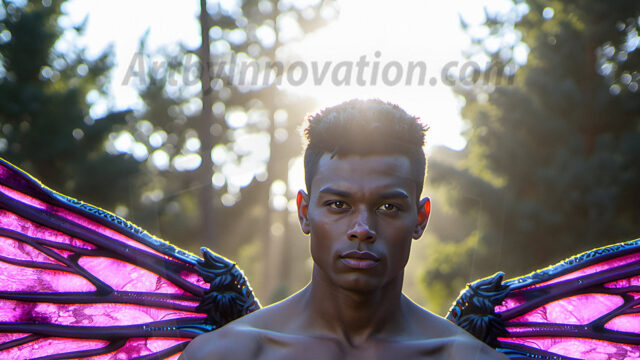 Brought to life through AI, Capturing the Pristine and Elusive Male Fairy. Imagine a realm where handsome shirtless men & boys possess enormous, shimmering crystal wings, vibrant and radiant, capturing and reflecting the light of the environment in a mesmerizing way, and adding a touch of mystery to their intense visage. Outdoors in a fantasy mysterious enchanted realm.