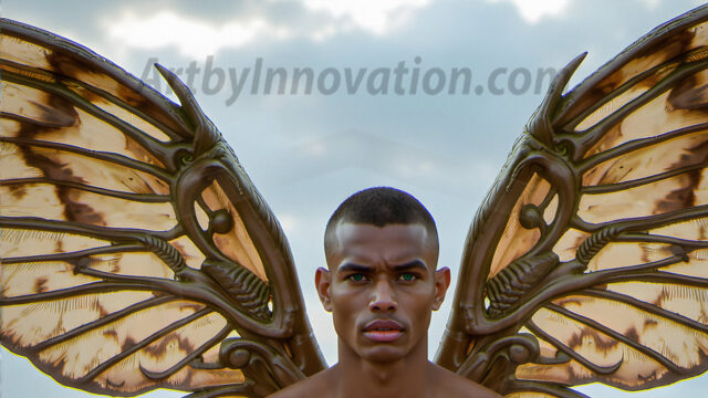 Brought to life through AI, Capturing the Pristine and Elusive Male Fairy. Imagine a realm where handsome shirtless men & boys possess enormous, shimmering crystal wings, vibrant and radiant, capturing and reflecting the light of the environment in a mesmerizing way, and adding a touch of mystery to their intense visage. Outdoors in a fantasy mysterious enchanted realm.