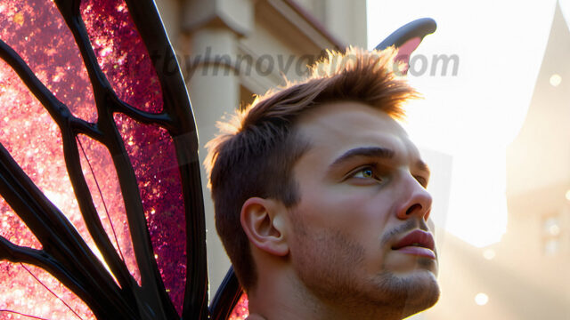 Brought to life through AI, Capturing the Pristine and Elusive Male Fairy. Imagine a realm where handsome shirtless men & boys possess enormous, shimmering crystal wings, vibrant and radiant, capturing and reflecting the light of the environment in a mesmerizing way, and adding a touch of mystery to their intense visage. Outdoors in a fantasy mysterious enchanted realm.