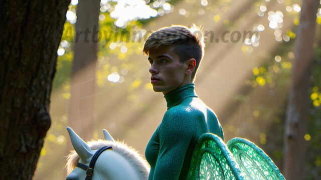 Brought to life through AI, Capturing the Pristine and Elusive Male Fairy. Imagine a realm where handsome shirtless men & boys possess enormous, shimmering crystal wings, vibrant and radiant, capturing and reflecting the light of the environment in a mesmerizing way, and adding a touch of mystery to their intense visage. Outdoors in a fantasy mysterious enchanted realm.