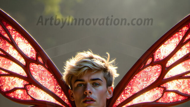 Brought to life through AI, Capturing the Pristine and Elusive Male Fairy. Imagine a realm where handsome shirtless men & boys possess enormous, shimmering crystal wings, vibrant and radiant, capturing and reflecting the light of the environment in a mesmerizing way, and adding a touch of mystery to their intense visage. Outdoors in a fantasy mysterious enchanted realm.