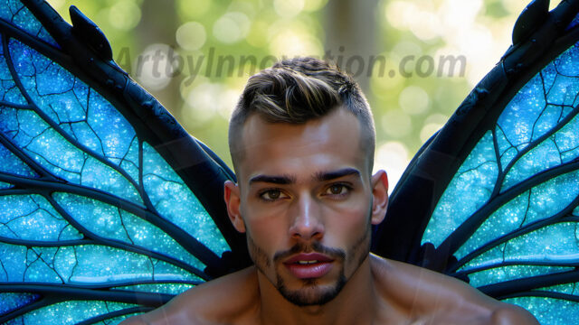 Brought to life through AI, Capturing the Pristine and Elusive Male Fairy. Imagine a realm where handsome shirtless men & boys possess enormous, shimmering crystal wings, vibrant and radiant, capturing and reflecting the light of the environment in a mesmerizing way, and adding a touch of mystery to their intense visage. Outdoors in a fantasy mysterious enchanted realm.