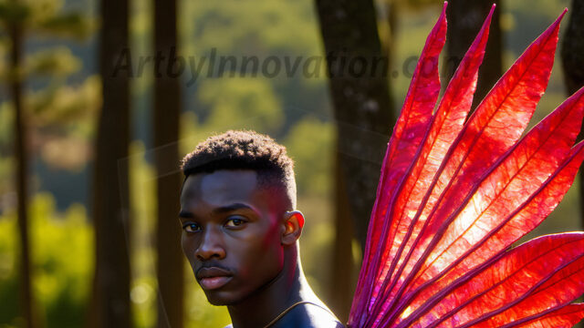 Brought to life through AI, Capturing the Pristine and Elusive Male Fairy. Imagine a realm where handsome shirtless men & boys possess enormous, shimmering crystal wings, vibrant and radiant, capturing and reflecting the light of the environment in a mesmerizing way, and adding a touch of mystery to their intense visage. Outdoors in a fantasy mysterious enchanted realm.