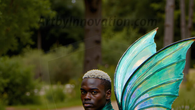 Brought to life through AI, Capturing the Pristine and Elusive Male Fairy. Imagine a realm where handsome shirtless men & boys possess enormous, shimmering crystal wings, vibrant and radiant, capturing and reflecting the light of the environment in a mesmerizing way, and adding a touch of mystery to their intense visage. Outdoors in a fantasy mysterious enchanted realm.