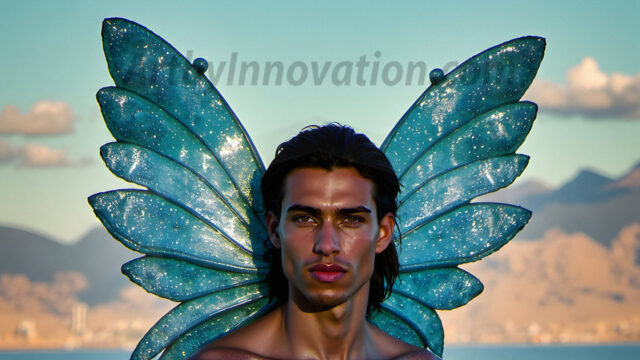 Brought to life through AI, Capturing the Pristine and Elusive Male Fairy. Imagine a realm where handsome shirtless men & boys possess enormous, shimmering crystal wings, vibrant and radiant, capturing and reflecting the light of the environment in a mesmerizing way, and adding a touch of mystery to their intense visage. Outdoors in a fantasy mysterious enchanted realm.