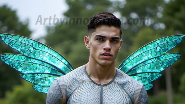 Brought to life through AI, Capturing the Pristine and Elusive Male Fairy. Imagine a realm where handsome shirtless men & boys possess enormous, shimmering crystal wings, vibrant and radiant, capturing and reflecting the light of the environment in a mesmerizing way, and adding a touch of mystery to their intense visage. Outdoors in a fantasy mysterious enchanted realm.