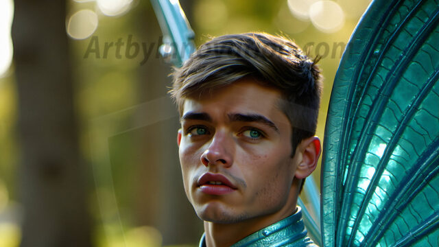 Brought to life through AI, Capturing the Pristine and Elusive Male Fairy. Imagine a realm where handsome shirtless men & boys possess enormous, shimmering crystal wings, vibrant and radiant, capturing and reflecting the light of the environment in a mesmerizing way, and adding a touch of mystery to their intense visage. Outdoors in a fantasy mysterious enchanted realm.