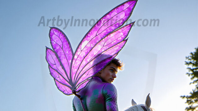 Brought to life through AI, Capturing the Pristine and Elusive Male Fairy. Imagine a realm where handsome shirtless men & boys possess enormous, shimmering crystal wings, vibrant and radiant, capturing and reflecting the light of the environment in a mesmerizing way, and adding a touch of mystery to their intense visage. Outdoors in a fantasy mysterious enchanted realm.