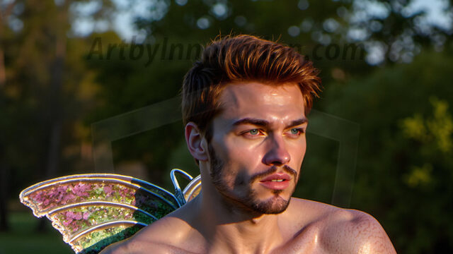 Brought to life through AI, Capturing the Pristine and Elusive Male Fairy. Imagine a realm where handsome shirtless men & boys possess enormous, shimmering crystal wings, vibrant and radiant, capturing and reflecting the light of the environment in a mesmerizing way, and adding a touch of mystery to their intense visage. Outdoors in a fantasy mysterious enchanted realm.