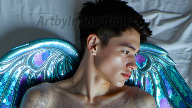 Brought to life through AI, Capturing the Pristine and Elusive Male Fairy. Imagine a realm where handsome shirtless men & boys possess enormous, shimmering crystal wings, vibrant and radiant, capturing and reflecting the light of the environment in a mesmerizing way, and adding a touch of mystery to their intense visage. Outdoors in a fantasy mysterious enchanted realm.