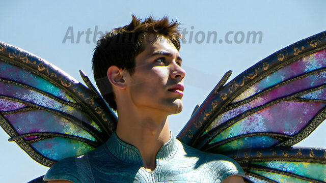 Brought to life through AI, Capturing the Pristine and Elusive Male Fairy. Imagine a realm where handsome shirtless men & boys possess enormous, shimmering crystal wings, vibrant and radiant, capturing and reflecting the light of the environment in a mesmerizing way, and adding a touch of mystery to their intense visage. Outdoors in a fantasy mysterious enchanted realm.