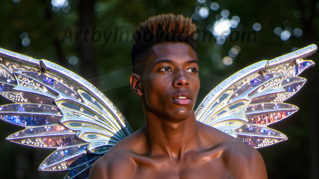 Brought to life through AI, Capturing the Pristine and Elusive Male Fairy. Imagine a realm where handsome shirtless men & boys possess enormous, shimmering crystal wings, vibrant and radiant, capturing and reflecting the light of the environment in a mesmerizing way, and adding a touch of mystery to their intense visage. Outdoors in a fantasy mysterious enchanted realm.