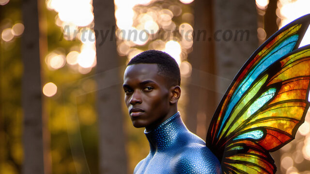 Brought to life through AI, Capturing the Pristine and Elusive Male Fairy. Imagine a realm where handsome shirtless men & boys possess enormous, shimmering crystal wings, vibrant and radiant, capturing and reflecting the light of the environment in a mesmerizing way, and adding a touch of mystery to their intense visage. Outdoors in a fantasy mysterious enchanted realm.