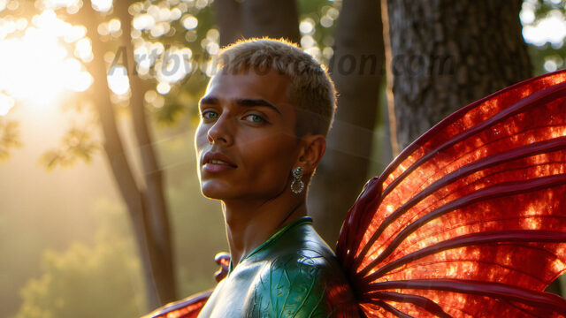 Brought to life through AI, Capturing the Pristine and Elusive Male Fairy. Imagine a realm where handsome shirtless men & boys possess enormous, shimmering crystal wings, vibrant and radiant, capturing and reflecting the light of the environment in a mesmerizing way, and adding a touch of mystery to their intense visage. Outdoors in a fantasy mysterious enchanted realm.