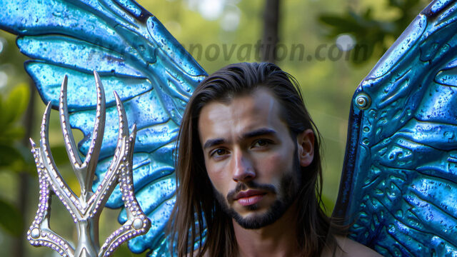 Brought to life through AI, Capturing the Pristine and Elusive Male Fairy. Imagine a realm where handsome shirtless men & boys possess enormous, shimmering crystal wings, vibrant and radiant, capturing and reflecting the light of the environment in a mesmerizing way, and adding a touch of mystery to their intense visage. Outdoors in a fantasy mysterious enchanted realm.