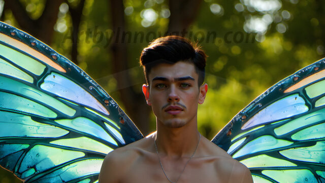 Brought to life through AI, Capturing the Pristine and Elusive Male Fairy. Imagine a realm where handsome shirtless men & boys possess enormous, shimmering crystal wings, vibrant and radiant, capturing and reflecting the light of the environment in a mesmerizing way, and adding a touch of mystery to their intense visage. Outdoors in a fantasy mysterious enchanted realm.