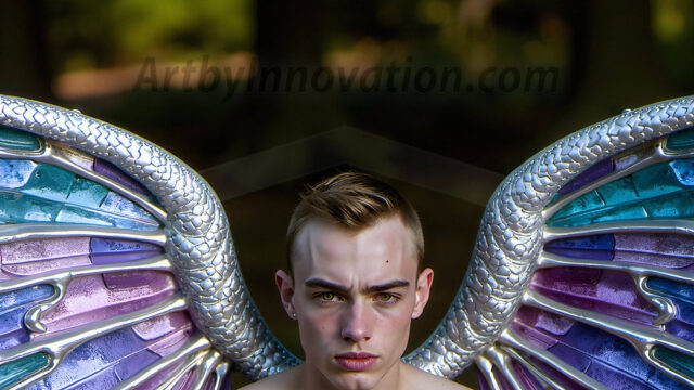 Brought to life through AI, Capturing the Pristine and Elusive Male Fairy. Imagine a realm where handsome shirtless men & boys possess enormous, shimmering crystal wings, vibrant and radiant, capturing and reflecting the light of the environment in a mesmerizing way, and adding a touch of mystery to their intense visage. Outdoors in a fantasy mysterious enchanted realm.