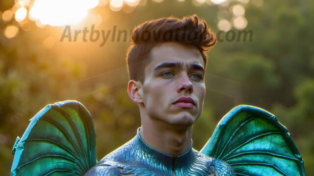Brought to life through AI, Capturing the Pristine and Elusive Male Fairy. Imagine a realm where handsome shirtless men & boys possess enormous, shimmering crystal wings, vibrant and radiant, capturing and reflecting the light of the environment in a mesmerizing way, and adding a touch of mystery to their intense visage. Outdoors in a fantasy mysterious enchanted realm.