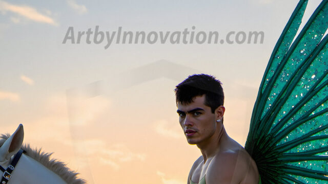 Brought to life through AI, Capturing the Pristine and Elusive Male Fairy. Imagine a realm where handsome shirtless men & boys possess enormous, shimmering crystal wings, vibrant and radiant, capturing and reflecting the light of the environment in a mesmerizing way, and adding a touch of mystery to their intense visage. Outdoors in a fantasy mysterious enchanted realm.