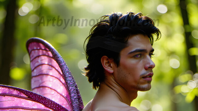 Brought to life through AI, Capturing the Pristine and Elusive Male Fairy. Imagine a realm where handsome shirtless men & boys possess enormous, shimmering crystal wings, vibrant and radiant, capturing and reflecting the light of the environment in a mesmerizing way, and adding a touch of mystery to their intense visage. Outdoors in a fantasy mysterious enchanted realm.