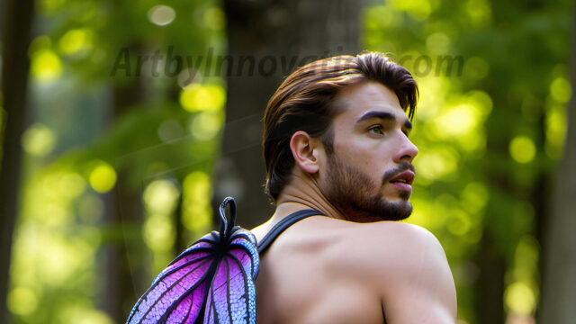 Brought to life through AI, Capturing the Pristine and Elusive Male Fairy. Imagine a realm where handsome shirtless men & boys possess enormous, shimmering crystal wings, vibrant and radiant, capturing and reflecting the light of the environment in a mesmerizing way, and adding a touch of mystery to their intense visage. Outdoors in a fantasy mysterious enchanted realm.