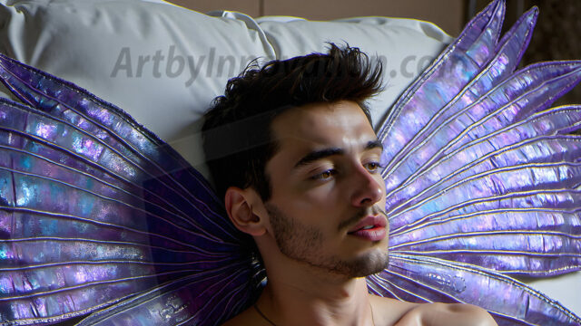 Brought to life through AI, Capturing the Pristine and Elusive Male Fairy. Imagine a realm where handsome shirtless men & boys possess enormous, shimmering crystal wings, vibrant and radiant, capturing and reflecting the light of the environment in a mesmerizing way, and adding a touch of mystery to their intense visage. Outdoors in a fantasy mysterious enchanted realm.