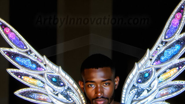 Brought to life through AI, Capturing the Pristine and Elusive Male Fairy. Imagine a realm where handsome shirtless men & boys possess enormous, shimmering crystal wings, vibrant and radiant, capturing and reflecting the light of the environment in a mesmerizing way, and adding a touch of mystery to their intense visage. Outdoors in a fantasy mysterious enchanted realm.