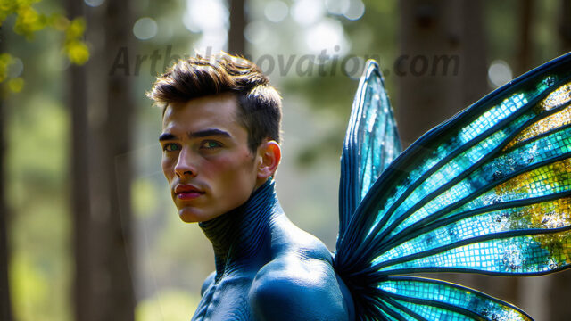 Brought to life through AI, Capturing the Pristine and Elusive Male Fairy. Imagine a realm where handsome shirtless men & boys possess enormous, shimmering crystal wings, vibrant and radiant, capturing and reflecting the light of the environment in a mesmerizing way, and adding a touch of mystery to their intense visage. Outdoors in a fantasy mysterious enchanted realm.