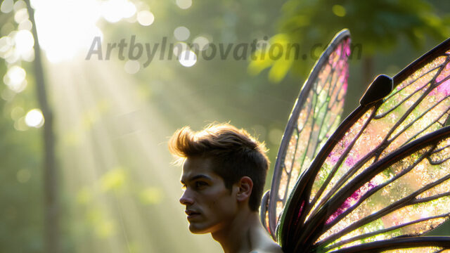 Brought to life through AI, Capturing the Pristine and Elusive Male Fairy. Imagine a realm where handsome shirtless men & boys possess enormous, shimmering crystal wings, vibrant and radiant, capturing and reflecting the light of the environment in a mesmerizing way, and adding a touch of mystery to their intense visage. Outdoors in a fantasy mysterious enchanted realm.