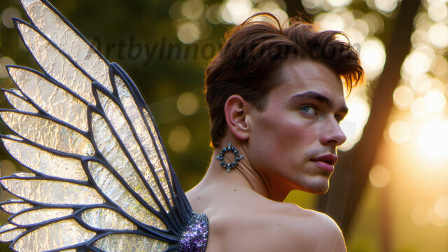 Brought to life through AI, Capturing the Pristine and Elusive Male Fairy. Imagine a realm where handsome shirtless men & boys possess enormous, shimmering crystal wings, vibrant and radiant, capturing and reflecting the light of the environment in a mesmerizing way, and adding a touch of mystery to their intense visage. Outdoors in a fantasy mysterious enchanted realm.