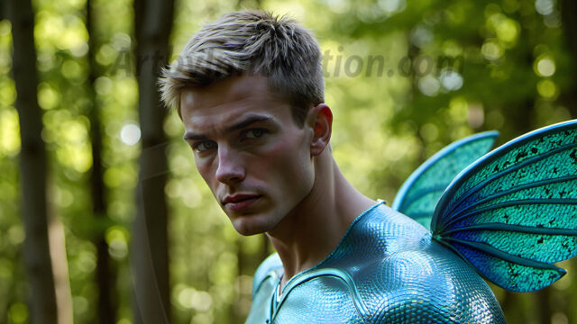 Brought to life through AI, Capturing the Pristine and Elusive Male Fairy. Imagine a realm where handsome shirtless men & boys possess enormous, shimmering crystal wings, vibrant and radiant, capturing and reflecting the light of the environment in a mesmerizing way, and adding a touch of mystery to their intense visage. Outdoors in a fantasy mysterious enchanted realm.