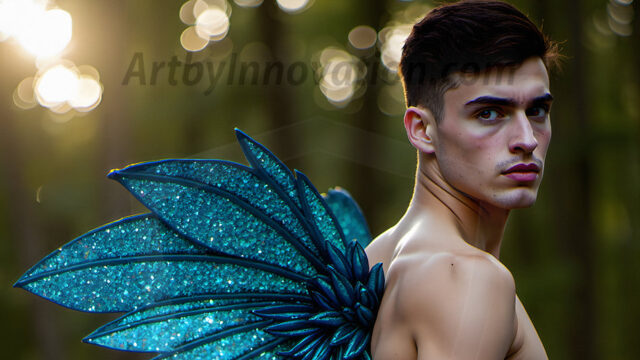 Brought to life through AI, Capturing the Pristine and Elusive Male Fairy. Imagine a realm where handsome shirtless men & boys possess enormous, shimmering crystal wings, vibrant and radiant, capturing and reflecting the light of the environment in a mesmerizing way, and adding a touch of mystery to their intense visage. Outdoors in a fantasy mysterious enchanted realm.