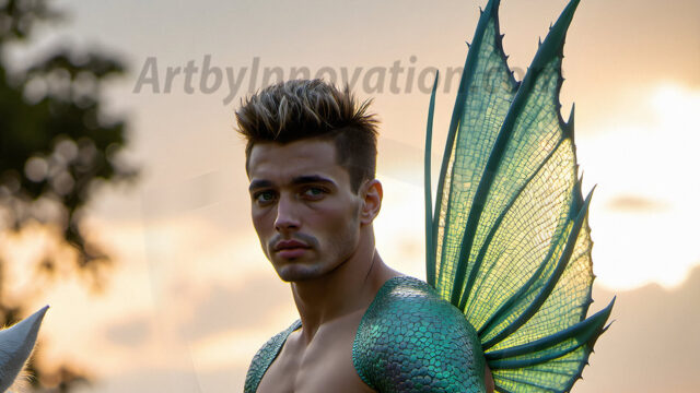 Brought to life through AI, Capturing the Pristine and Elusive Male Fairy. Imagine a realm where handsome shirtless men & boys possess enormous, shimmering crystal wings, vibrant and radiant, capturing and reflecting the light of the environment in a mesmerizing way, and adding a touch of mystery to their intense visage. Outdoors in a fantasy mysterious enchanted realm.