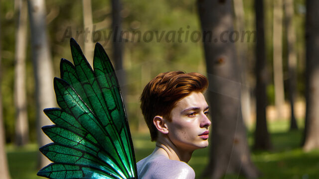 Brought to life through AI, Capturing the Pristine and Elusive Male Fairy. Imagine a realm where handsome shirtless men & boys possess enormous, shimmering crystal wings, vibrant and radiant, capturing and reflecting the light of the environment in a mesmerizing way, and adding a touch of mystery to their intense visage. Outdoors in a fantasy mysterious enchanted realm.