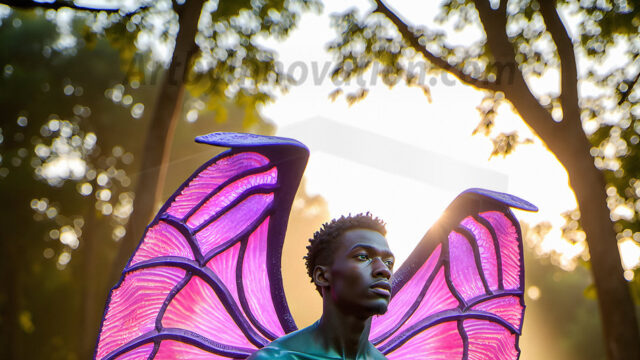 Brought to life through AI, Capturing the Pristine and Elusive Male Fairy. Imagine a realm where handsome shirtless men & boys possess enormous, shimmering crystal wings, vibrant and radiant, capturing and reflecting the light of the environment in a mesmerizing way, and adding a touch of mystery to their intense visage. Outdoors in a fantasy mysterious enchanted realm.