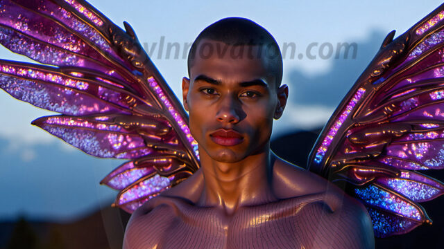 Brought to life through AI, Capturing the Pristine and Elusive Male Fairy. Imagine a realm where handsome shirtless men & boys possess enormous, shimmering crystal wings, vibrant and radiant, capturing and reflecting the light of the environment in a mesmerizing way, and adding a touch of mystery to their intense visage. Outdoors in a fantasy mysterious enchanted realm.