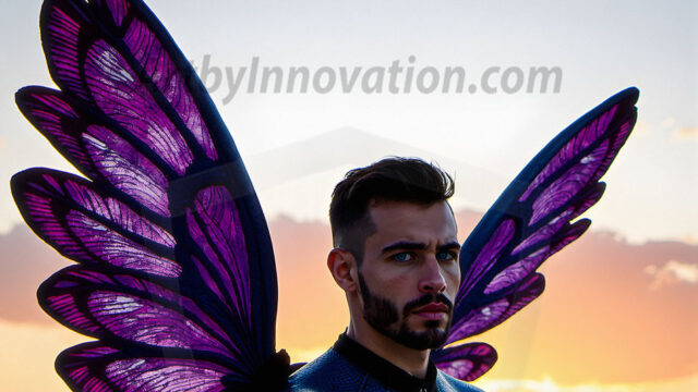 Brought to life through AI, Capturing the Pristine and Elusive Male Fairy. Imagine a realm where handsome shirtless men & boys possess enormous, shimmering crystal wings, vibrant and radiant, capturing and reflecting the light of the environment in a mesmerizing way, and adding a touch of mystery to their intense visage. Outdoors in a fantasy mysterious enchanted realm.