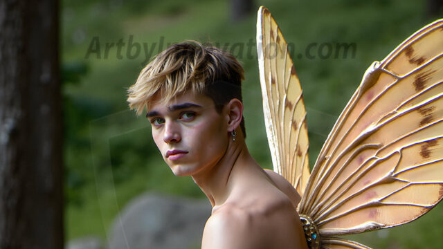 Brought to life through AI, Capturing the Pristine and Elusive Male Fairy. Imagine a realm where handsome shirtless men & boys possess enormous, shimmering crystal wings, vibrant and radiant, capturing and reflecting the light of the environment in a mesmerizing way, and adding a touch of mystery to their intense visage. Outdoors in a fantasy mysterious enchanted realm.